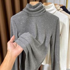 批发堆堆高领打底衫女磨毛保暖长袖内搭洋气亮片小衫