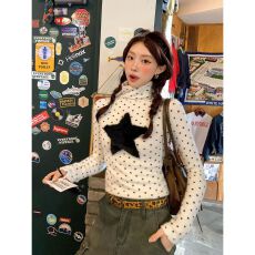 批发韩系波点毛绒高领长袖t恤女秋冬季2025新款修身内搭打底衫上衣<b class='q'>潮</b>