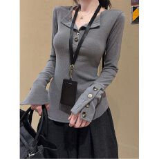 批发辣妹风半开领纽扣长袖T恤打底衫女秋冬短款内搭修身显瘦上衣