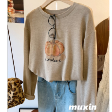 批发南瓜印花加厚磨毛秋冬女式宽松大版韩版时尚休闲内搭上衣外穿T恤