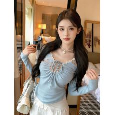 批发纯欲<b class='q'>网纱</b>拼接T恤女初春新款修身显瘦打底衫<b class='q'>上衣</b>