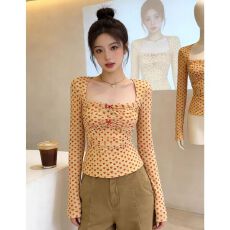 批发纯欲轻熟风长袖t恤女2026春季新款方领蝴蝶结修身气质蕾丝短上衣