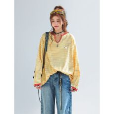 批发刺绣撞色拼接条纹长袖t恤女设计感小众V领<b class='q'>上衣</b>春