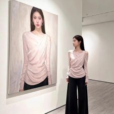 批发韩系<b class='q'>露肩</b>假两件长袖t恤女2026春新款修身收腰打底<b class='q'>上衣</b>