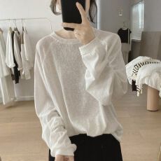 批发欧货圆领白色亚麻长袖t恤女2026<b class='q'>新款</b>春秋内搭宽松<b class='q'>打底衫</b>薄款上衣