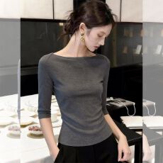批发法式灰色中袖<b class='q'>T</b><b class='q'>恤</b>女2026新款春秋内搭修身打底衫时髦五分袖上衣