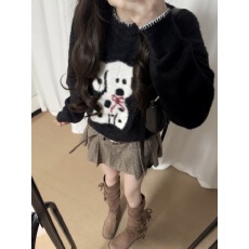 批发黑色狗狗毛衣咖色<b class='q'>千鸟格</b>百褶裙