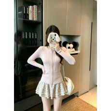 批发粉色麻花拉链开衫毛衣<b class='q'>碎花</b><b class='q'>短裙</b>