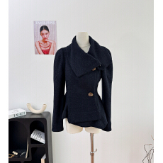 批发Wuuus【古着lady】秀场薇薇安 收腰花苞下摆呢外套女黑色毛呢大衣