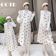 批发秋冬新款<b class='q'>孕妇装</b>甜美爱心刺绣加绒加厚宽松显瘦舒适长款背带裙套装