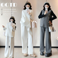 批发实拍现~孕妇装2026春季韩系时髦两穿马甲套装孕妇大码阔腿裤两件