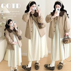 批发实拍 孕妇装2025冬季新款韩版木耳边娃娃领拼接宽松棉衣棉服外套