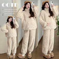 实拍 秋冬新款立领韩版加厚珊瑚绒保暖可外穿洋气豹纹居家服套装