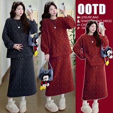 实拍 孕妇装~新品冬季保暖新年战袍韩系宽松撞色纹加厚针织套装裙