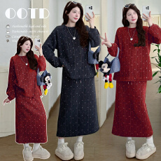 实拍 孕妇装~新品冬季保暖新年战袍韩系宽松撞色纹加厚针织套装裙