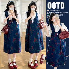 批发实拍现 2026春季新款法式减龄碎花<b class='q'>连衣裙</b>套装衬衣背带裙两件套