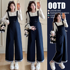 批发实拍 孕妇装春<b class='q'>秋</b>季韩风宽松拼接背带阔腿裤洋气百搭T恤套装