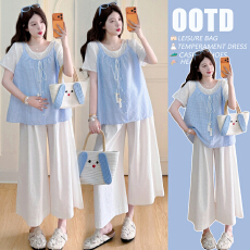 实拍~孕妇装夏季流苏贝壳镂空刺绣假两件宽松遮肚上衣+阔腿裤两件