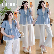 实拍现~孕妇装夏季超火搭配一整套假两件浅蓝色娃娃衫花边裤两件