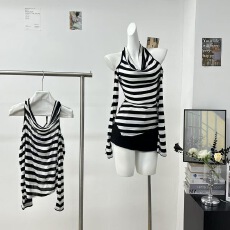 批发BIGGOLD辣妹条纹荡领一字肩长袖T恤女夏季气质薄款显瘦防晒上衣潮