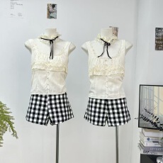批发JMSHOP 巴黎橱窗 黑色格子短裤女<b class='q'>设计</b>感秋季白色微弹修身裤子