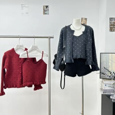 批发张贝贝ibell羊绒羊毛波点木耳花边开衫精致浪漫减龄蕾丝拼接吊带