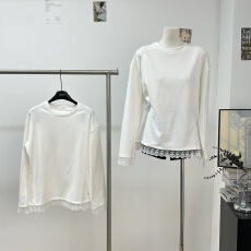 批发曾小咸 韩系假两件蕾丝边长袖t恤女早秋米<b class='q'>白色</b>宽松内搭<b class='q'>打底衫</b>上衣