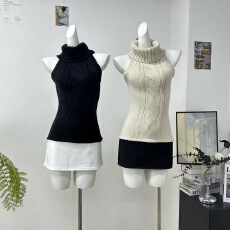 批发你的懒懒llan拽姐穿搭公式复古绞花层次感高领针织拼接连衣裙