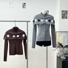 批发LaluneDuCiel 格纹设计<b class='q'>长袖</b>开衫披肩针织衫女套装毛衣<b class='q'>外套</b>秋上衣
