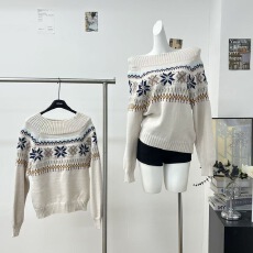 批发MAXMENT复古费尔岛提花粗针一字肩宽松厚实秋冬毛衣