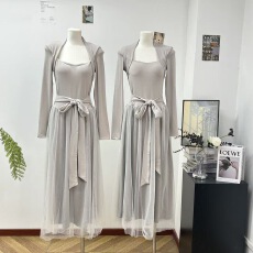 批发白水女 芭蕾艺术生 坎肩领拼接网纱<b class='q'>连衣裙</b>女冬季带胸垫设计感长裙