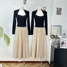 批发白水女 芭蕾艺术生 坎肩领拼接<b class='q'>网纱</b>连衣<b class='q'>裙</b>女冬季带胸垫设计感长<b class='q'>裙</b>