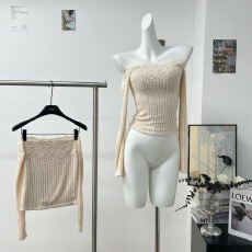 批发WW原创媚骨天成蕾丝显瘦时尚性感百搭修身小众设计上衣半<b class='q'>裙</b>套