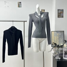 批发FuunJ 松弛智妍设计感半透打结修身显瘦外穿针织衫女内搭打底上衣