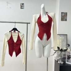 批发WULI多多假两件纯欲打底衫小个子垫肩设计感挂脖针织上衣