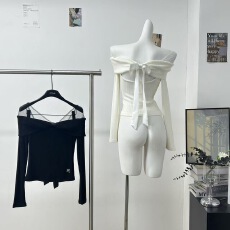 批发Pinksoya 甜美一字肩网纱蝴蝶结针织衫女后背镂空小心机<b class='q'>长袖</b>上衣