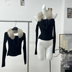 批发黑色假两件毛毛荡领长袖T恤女秋冬季辣妹气质<b class='q'>修身</b>内搭打底衫上衣