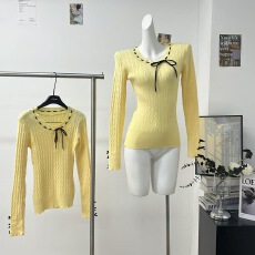 批发宋正恩鹅黄软糯针织衫女冬季新款<b class='q'>修身</b>蝴蝶结设计感内搭毛衣小上衣