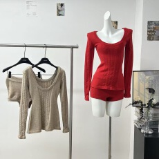 批发Rase le sol‘Christmas Praise’绞花毛衣蕾丝吊带针织<b class='q'>短裤</b>套装