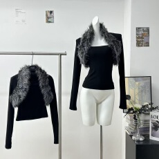 0122stepll 黑色短款针织衫女辣妹修身显瘦毛毛长袖坎肩开衫上衣