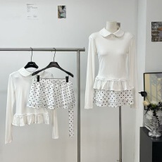 批发H1952 叠穿的Tips百搭上衣翻领花边长袖<b class='q'>T</b>恤内搭打底衫波点裙帘女