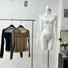 批发MOSS STUDIO暖岁新中式醋酸羊毛拼接蕾丝针织打底衫女