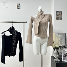 批发李婉君纯欲高级羊毛三种穿法闪钻围脖针织衫<b class='q'>女士</b>御姐修身斜肩上衣