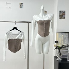 批发sheepland温柔基调 天丝V领拼接芭蕾风t恤女秋<b class='q'>冬</b>修身显瘦打底上衣