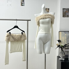 批发OYFF凡凡来咯松茶可可智雅同款毛毛领针织女打底修身收腰上衣