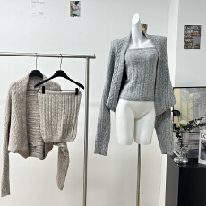 fortunee 麻花针织抹胸+宽松慵懒长袖开衫毛衣套装两件套秋冬新款