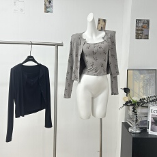 批发opening自制 秋日少女 气质针织小碎花吊带开<b class='q'>衫</b>套组