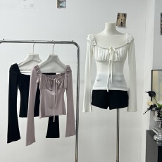 批发eihey诶嘿新款温柔氛围感蝴蝶结绑带褶皱<b class='q'>休闲</b>长袖上衣甜美T恤内搭