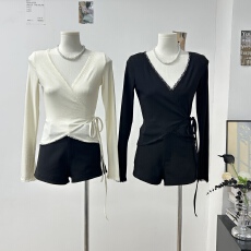 批发Dotyears  双色针织蕾丝花边拼接交叉绑带小开衫