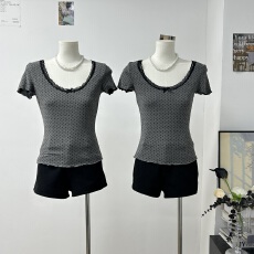 批发BM短袖T恤新款波点印花蕾丝蝴蝶结花边修身显瘦百搭辣妹上衣女